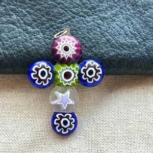 Millefiori Floral Flower Star Art Glass Cross Pendant Necklace Christian Faith +